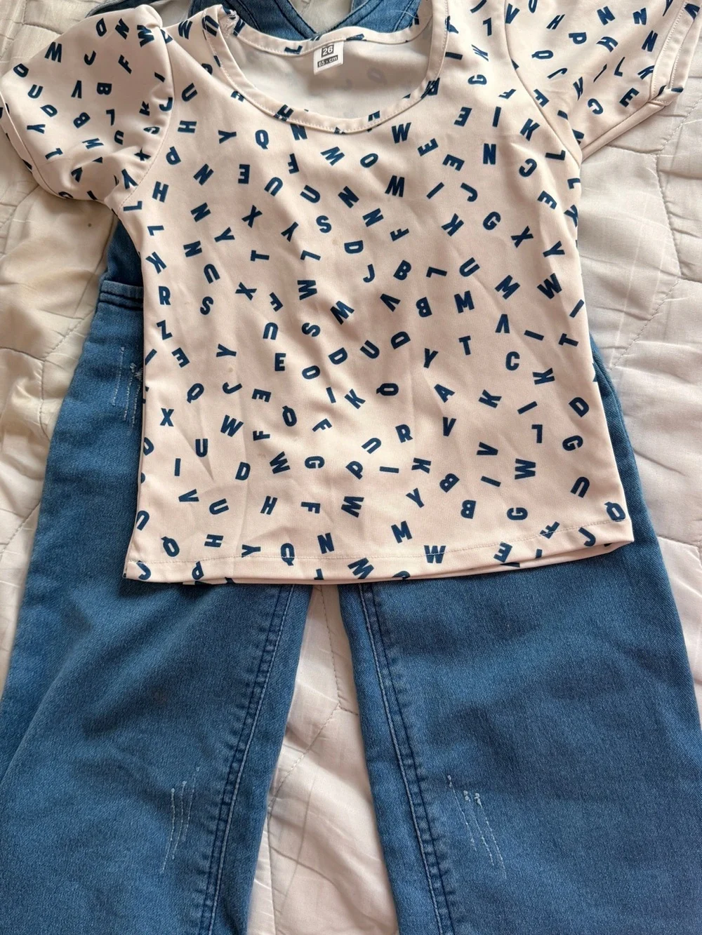 Kids Alphabet Print Tee and Blue Denim Pants Set